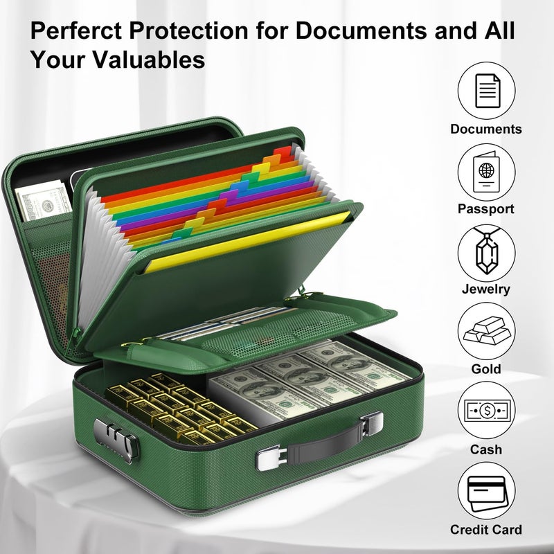 COLCASE Fireproof Document Folder, Hard Fireproof Waterproof Document Box with Lock Creative Hard-Shell Design Fireproof Document Box for Important Documents Certificates Laptop Passports Green - Image 5